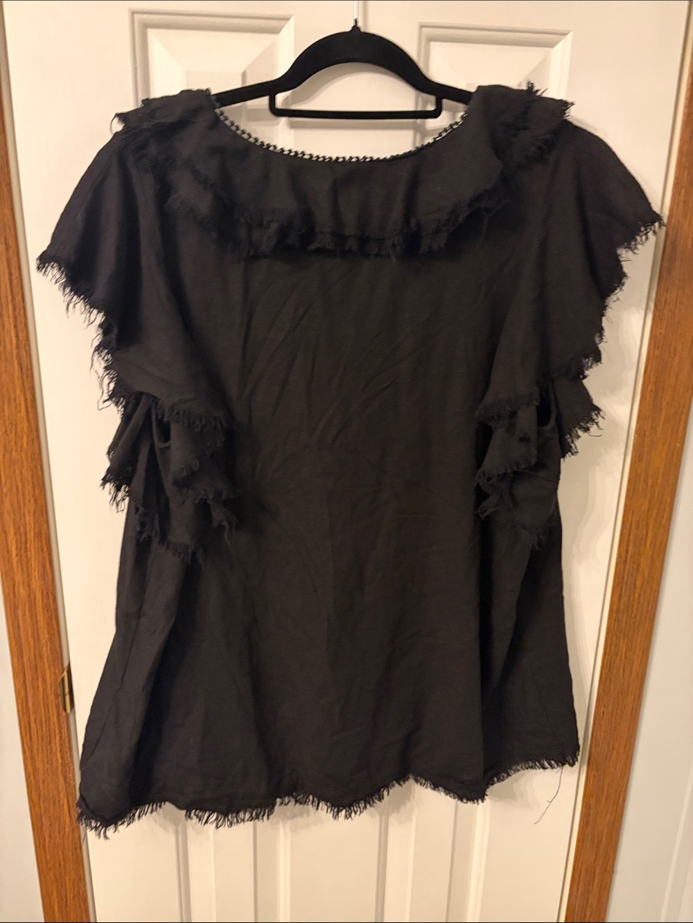 Black Frayed V-Neck Ruffle Sleeve Blouse - Picture 7 of 7